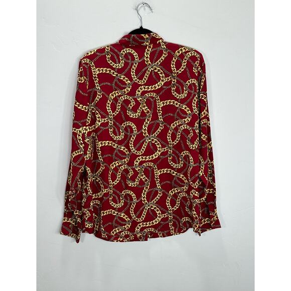 Vintage 80s Linea Women's 100% Silk Red Gold Chain Artsy Print size Medium - Picture 2 of 4